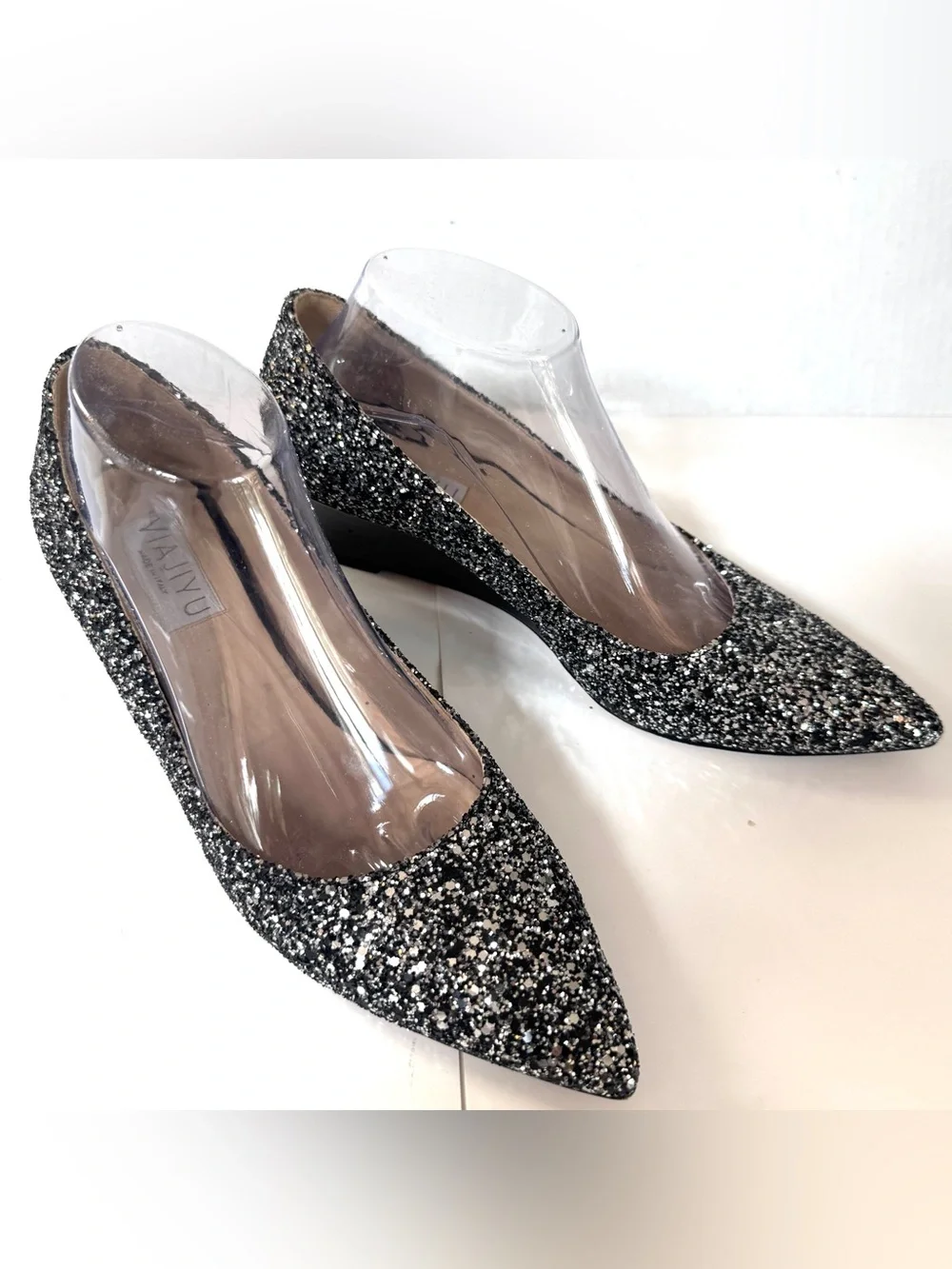 Viajiyu Italy Womens Silver Glitter Pointed-Toe Wedge heels EU 39/ US 8.5-9